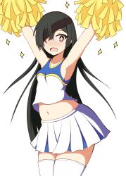 Rule 34 | + +, 1girl, :d, absurdres, alternate costume, armpits, arms up, bare shoulders, black hair, blush, breasts, cheerleader, commentary request, cowboy shot, fate/grand order, fate (series), hair over one eye, highres, holding, long hair, looking at viewer, midriff, mitchi, mochizuki chiyome (fate), navel, nose blush, o/, open mouth, outstretched arms, pleated skirt, pom pom (cheerleading), purple eyes, shirt, simple background, skirt, sleeveless, sleeveless shirt, small breasts, smile, solo, sparkle, thighhighs, very long hair, white background, white shirt, white skirt, white thighhighs, zettai ryouiki