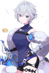 Rule 34 | 2girls, armor, blonde hair, blue sweater, breasts, character request, closed mouth, copyright request, earrings, green eyes, grey hair, heterochromia, highres, jewelry, looking at viewer, medium breasts, multiple girls, purple eyes, red eyes, ribbed sweater, sakuragi raia, short hair, sleeveless, sleeveless sweater, sweater