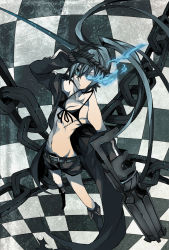 Rule 34 | 10s, 1girl, arm cannon, bad id, bad pixiv id, bikini, bikini top only, black hair, black rock shooter, black rock shooter (character), blue eyes, boots, chain, checkered background, checkered floor, coat, floor, glowing, glowing eyes, highres, iro marimo, knee boots, long hair, midriff, navel, pale skin, perspective, scar, shorts, solo, swimsuit, sword, twintails, weapon