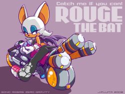 Rule 34 | 00s, 1girl, 2008, animal ears, artist name, bat ears, bat wings, character name, copyright name, dated, floral print, furry, furry female, gloves, j-fujita, looking back, motor vehicle, motorcycle, non-web source, purple background, rouge the bat, sega, smile, solo, sonic (series), sonic riders, sonic the hedgehog, tail, wings