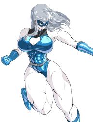 Rule 34 | 1girl, blue eyes, boots, breasts, cleavage, cleavage cutout, clothing cutout, gloves, highres, large breasts, leotard, muscular, muscular female, original, pale skin, silver hair, simple background, solo, superhero costume, yagi10