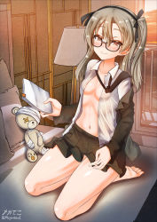 Rule 34 | 1girl, barefoot, blush, boko (girls und panzer), breasts, brown eyes, cameltoe, closed mouth, full body, girls und panzer, glasses, grey hair, hair ornament, hairband, highres, impossible clothes, impossible skirt, indoors, looking at viewer, megadeko, microskirt, navel, no bra, shimada arisu, sitting, skirt, small breasts, smile, solo, stuffed toy