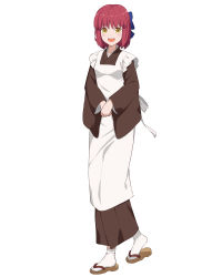 Rule 34 | 1girl, absurdres, apron, azami masurao, blue bow, bow, brown eyes, full body, hair bow, highres, kohaku (tsukihime), long sleeves, looking at viewer, open mouth, own hands together, pink hair, sandals, short hair, simple background, solo, teeth, tsukihime, upper teeth only, white apron, white background, wide sleeves