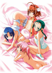 Rule 34 | 4girls, :d, :o, :p, ahoge, anonono, ass, back, bare back, bed, bed sheet, blouse, blue eyes, blue hair, blush, bottomless, bow, braid, breast press, breasts, brown hair, buttons, camisole, embarrassed, everyone, flat chest, fujimura ringo, garter belt, garter straps, glasses, green eyes, green hair, hair bow, hair intakes, hair ornament, hair ribbon, indoors, ishigami miyoshi, kneeling, lace, lace-trimmed legwear, lace trim, lingerie, long hair, looking at viewer, looking back, lying, medium breasts, multiple girls, naked sheet, naughty face, nipple slip, nipples, no bra, no panties, nude, official art, on side, on stomach, open clothes, open mouth, open shirt, oumori erisu, pajamas, panties, parted bangs, pink hair, red eyes, red hair, ribbon, scan, shirt, short hair, sideboob, sidelocks, single braid, sitting, small breasts, smile, socks, souryuu (double dragon), spread legs, strap slip, thighhighs, tongue, tongue out, tooyama kokoro, twintails, underwear, underwear only, wariza, white legwear
