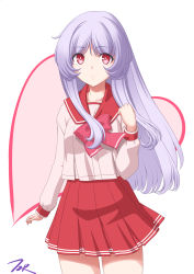 Rule 34 | bow, bowtie, commentary request, cowboy shot, dress, heart, highres, himekawa kotone, long hair, looking at viewer, pink shirt, pleated dress, red bow, red bowtie, red eyes, red sailor collar, red skirt, sailor collar, school uniform, serafuku, shirt, silver hair, simple background, skirt, standing, t2r, to heart, to heart (series), white background