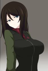 Rule 34 | 1girl, absurdres, aikir (jml5160), black hair, black vest, blue eyes, closed mouth, commentary, girls und panzer, glaring, gradient background, green jacket, grey background, half-closed eyes, head tilt, highres, insignia, jacket, light frown, long hair, long sleeves, looking at viewer, military, military uniform, nonna (girls und panzer), pravda military uniform, red shirt, shirt, solo, swept bangs, turtleneck, uniform, upper body, vest