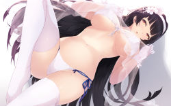 Rule 34 | 1girl, :o, bikini, black hair, breasts, brown eyes, cait aron, camisole, camisole lift, clothes lift, from below, girls&#039; frontline, gloves, hairband, highres, hime cut, leg up, long hair, looking to the side, official alternate costume, see-through, side-tie bikini bottom, skindentation, solo, swimsuit, tareme, thighhighs, type 95 (girls&#039; frontline), type 95 (summer cicada) (girls&#039; frontline), underboob