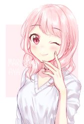 Rule 34 | 1girl, ;), bang dream!, blush, character name, collarbone, hair down, hand on own cheek, hand on own face, hand up, highres, looking at viewer, maruyama aya, one eye closed, pale color, pink eyes, pink hair, shirt, sketch, smile, solo, umeno, upper body, v-neck