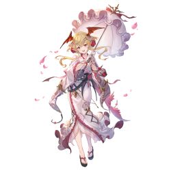 Rule 34 | 1girl, bat wings, blonde hair, blush, fang, flower, gloves, granblue fantasy, hair between eyes, hair ornament, hairclip, head wings, japanese clothes, kimono, long hair, looking at viewer, minaba hideo, obi, official art, open mouth, petals, pointy ears, red eyes, red flower, red rose, rose, sash, smile, solo, transparent background, vampire, vampy, white gloves, white kimono, wings, yukata