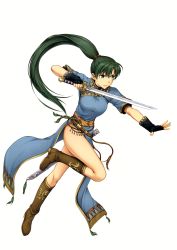 Rule 34 | 1girl, absurdres, attack, bare legs, breasts, dress, fighting stance, fire emblem, fire emblem: the blazing blade, fire emblem heroes, full body, green eyes, green hair, highres, holding, holding sword, holding weapon, leg up, long hair, lyn (fire emblem), medium breasts, nintendo, official art, pelvic curtain, ponytail, scan, side slit, simple background, solo, sword, thighs, very long hair, weapon, white background, yamada koutarou