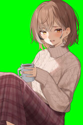 Rule 34 | 1girl, :d, absurdres, aotake iro, aran sweater, black hair, blush, brown eyes, brown hair, brown skirt, cable knit, cup, green background, grey hair, hair between eyes, highres, holding, holding cup, hololive, hololive english, knees up, looking at viewer, mug, multicolored hair, nail polish, nanashi mumei, open mouth, pink nails, plaid, plaid skirt, simple background, sitting, skirt, smile, solo, steam, streaked hair, sweater, teeth, turtleneck, turtleneck sweater, upper teeth only, virtual youtuber, white sweater