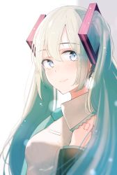 Rule 34 | 1girl, aqua eyes, aqua hair, aqua necktie, bare shoulders, black sleeves, blush, breasts, closed mouth, collared shirt, detached sleeves, from side, gradient background, grey shirt, hatsune miku, highres, hyakunin momoko, light, long hair, looking at viewer, looking to the side, necktie, number tattoo, shirt, shoulder tattoo, small breasts, smile, solo, tattoo, twintails, very long hair, vocaloid, white background