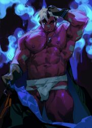 Rule 34 | 1boy, abs, akiha gongen (housamo), bandaid, bandaid on face, bandaid on nose, bara, black gloves, blue fire, bulge, unworn clothes, crotch cutout, dark-skinned male, dark skin, dichuan (arriverw), facial hair, feet out of frame, fire, gloves, goatee, grin, hand in own hair, head tilt, highres, holding, holding clothes, holding jacket, horns, jacket, jockstrap, large pectorals, looking at viewer, male focus, male underwear, multicolored hair, muscular, muscular male, navel, navel hair, nipples, one eye closed, pectorals, pyrokinesis, sanpaku, seductive smile, short hair, single horn, smile, solo, standing, stomach, strongman waist, testicle peek, thick eyebrows, thick thighs, thighs, tokyo houkago summoners, topless male, two-tone hair, underwear, white hair, white male underwear