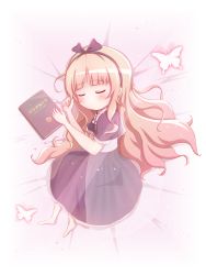 Rule 34 | 1girl, barefoot, bed sheet, black bow, black dress, black hairband, blush, book, bow, brown hair, bug, butterfly, closed eyes, commentary request, dress, full body, goth risuto, hair bow, hairband, hands up, highres, insect, long hair, lying, on side, original, puffy short sleeves, puffy sleeves, short sleeves, sleeping, solo, very long hair