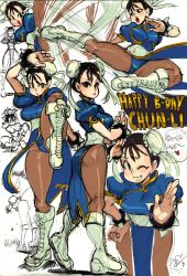 Rule 34 | 1girl, alex ahad, ass, black hair, blue dress, boots, bracelet, breasts, brown eyes, brown hair, bun cover, capcom, china dress, chinese clothes, chun-li, cross-laced footwear, double bun, dress, fighting stance, flying kick, hair bun, heart, highres, hyakuretsukyaku, jewelry, kicking, knee boots, lace-up boots, large breasts, motion blur, multiple views, pantyhose, pelvic curtain, puffy short sleeves, puffy sleeves, rapid punches, sash, short hair, short sleeves, side slit, sketch, solo focus, spiked bracelet, spikes, standing, standing on one leg, street fighter, street fighter ii (series), white footwear