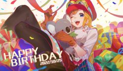 Rule 34 | 1girl, animal, black thighhighs, blue eyes, brown gloves, confetti, dated, gift, gloves, goggles, goggles on headwear, happy birthday, hat, highres, koala, koala (one piece), looking at viewer, one eye closed, one piece, open mouth, orange hair, qin (7833198), short hair, skirt, thighhighs