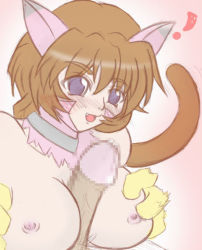 Rule 34 | .hack//, .hack//roots, 1boy, 1girl, animal ears, artist request, blush, breasts, brown hair, cat ears, cat tail, censored, collar, fang, hetero, paizuri, penis, purple eyes, sex, short hair, source request, tabby (.hack//), tail
