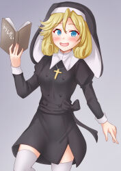 Rule 34 | 1girl, anti (untea9), bible (object), black dress, blonde hair, blue eyes, blush, catholic, coif, cross, cross necklace, dress, gradient background, grey background, habit, hair between eyes, highres, janus (kancolle), jewelry, kantai collection, latin cross, long sleeves, looking at viewer, necklace, nun, open mouth, short hair, smile, solo, thighhighs, veil
