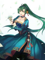 Rule 34 | 1girl, blush, breasts, dress, fire emblem, fire emblem: the blazing blade, fire emblem heroes, green eyes, green hair, high ponytail, highres, long hair, looking at viewer, lyn (fire emblem), machi wt, nintendo, ponytail, simple background, smile, solo
