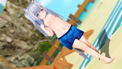 Rule 34 | 1girl, 3d, absurdres, animal ears, arms behind back, artist request, beach, beach towel, blue eyes, blue male swimwear, blue sky, blue swim trunks, blurry, blurry background, breasts, character request, day, exhibitionism, feet, female focus, fox ears, full body, grey hair, highres, long hair, looking at viewer, male swimwear, male swimwear challenge, nipples, ocean, outdoors, print male swimwear, print swim trunks, print swimsuit, public indecency, sand, sky, small breasts, solo, standing, swim trunks, swimsuit, tagme, tail, topless, towel, water