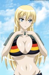 Rule 34 | 1girl, absurdres, bikini, bismarck (kancolle), blonde hair, blue eyes, breasts, cleavage, clothes lift, german flag, highres, kantai collection, krazykamikaze44, large breasts, long hair, navel, parted lips, shirt lift, shorts, solo, swimsuit, thong bikini