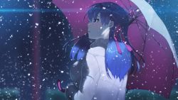 Rule 34 | 1girl, blurry, blurry background, blush, breasts, casual, coat, depth of field, fate/stay night, fate (series), fur collar, hair ribbon, hayashi kewi, holding, holding umbrella, lens flare, long hair, long sleeves, looking afar, looking up, matou sakura, medium breasts, outdoors, parted lips, pink coat, pink ribbon, profile, purple eyes, purple hair, raised eyebrows, ribbon, snowing, solo, umbrella, winter, winter clothes, winter coat