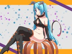 Rule 34 | 1girl, bad id, bad pixiv id, blue eyes, blue hair, boots, bottomless, elbow gloves, fingerless gloves, gloves, hatsune miku, high heels, horns, jack dempa, long hair, matching hair/eyes, open mouth, sitting, solo, thigh boots, thighhighs, twintails, very long hair, vocaloid