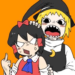 Rule 34 | &lt;o&gt; &lt;o&gt;, 2girls, anger vein, ascot, black hair, black headwear, black vest, blue ascot, blush, bow, bseibutsu, cookie (touhou), crescent, crescent pin, detached sleeves, gogogo (cookie), hair bow, hair tubes, hakurei reimu, hand on another&#039;s head, hat, kirisame marisa, long sleeves, looking at another, looking back, middle finger, multiple girls, nontraditional miko, open mouth, orange background, red bow, red shirt, ribbon-trimmed sleeves, ribbon trim, sharp teeth, shirt, short hair, simple background, sleeveless, sleeveless shirt, teeth, togashi (cookie), touhou, upper body, vest, white shirt, witch hat