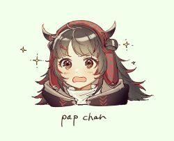 Rule 34 | 1girl, arknights, black eyes, black hair, black jacket, blush, character name, cropped head, detached hood, dot nose, horns, jacket, long bangs, long hair, looking at viewer, open mouth, paprika (arknights), parted bangs, pulls200, red hood, shirt, simple background, solo, sparkle, turtleneck, turtleneck shirt, v-shaped eyebrows, white background, white shirt