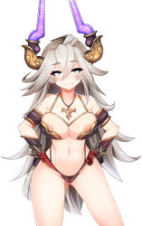 Rule 34 | 10s, 1girl, bikini, blush, breastless clothes, breasts, constricted pupils, draph, fangs, female pubic hair, gloves, granblue fantasy, grey hair, hair between eyes, hands on own hips, horns, jewelry, large breasts, long hair, looking at viewer, navel, necklace, pubic hair, solo, sweatdrop, swimsuit, tenken (gotannda), threo (granblue fantasy)