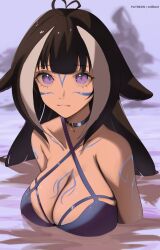 Rule 34 | 1girl, ahoge, animal ears, bare shoulders, black hair, body markings, breasts, cleavage, collar, heart, heart ahoge, highres, indie virtual youtuber, large breasts, long hair, looking at viewer, multicolored hair, o22no, orca girl, partially submerged, purple eyes, shylily, shylily (bikini), streaked hair, swimsuit, tattoo, virtual youtuber, water, white hair