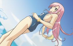 Rule 34 | 00s, 1girl, :d, ass, bracelet, cloud, day, dutch angle, flat chest, from behind, hayate no gotoku!, highres, jewelry, katsura hinagiku, kneepits, legs, long hair, looking back, one-piece swimsuit, open mouth, outdoors, pink hair, resized, school swimsuit, sky, smile, solo, standing, swim cap, swimsuit, vector trace, wallpaper, water, yellow eyes