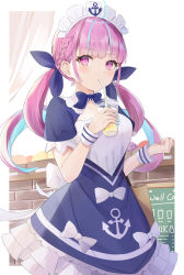 Rule 34 | 1girl, anchor symbol, blue hair, blue nails, blunt bangs, bow, bowtie, commentary request, cup, drinking, fingernails, highres, holding, holding cup, hololive, long hair, maid, maid headdress, minato aqua, minato aqua (1st costume), multicolored hair, nail polish, pink eyes, pink hair, short sleeves, sisoha, solo, twintails, two-tone hair, virtual youtuber
