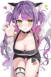 Rule 34 | 1girl, absurdres, animal ear fluff, animal ears, black choker, black shorts, blush, breasts, cat ears, choker, claw pose, cleavage, cropped jacket, demon tail, hair ornament, hairclip, heart, highres, hololive, jacket, legwear garter, looking at viewer, medium breasts, multicolored nails, o-ring, o-ring choker, piercing, purple hair, rojineco nene, shorts, single bare leg, single legwear garter, solo, tail, tail ornament, tail piercing, tokoyami towa, tokoyami towa (1st costume), twintails, virtual youtuber, white jacket, yellow eyes