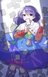 Rule 34 | 1girl, absurdres, belt pouch, card, commentary request, covered mouth, dress, feet out of frame, highres, holding, holding card, long sleeves, looking at viewer, lying, medium hair, multicolored clothes, multicolored dress, on back, patchwork clothes, pouch, purple eyes, purple hair, shishidonagi, solo, tenkyuu chimata, touhou, unconnected marketeers