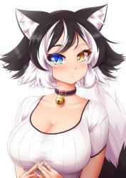 Rule 34 | 1girl, :&lt;, animal ear fluff, animal ears, bell, black hair, blue eyes, breasts, cat ears, cat girl, cat tail, cleavage, collar, collarbone, heterochromia, highres, jingle bell, kat (mazume), large breasts, mazume, multicolored hair, neck bell, original, shirt, short hair, short sleeves, solo, steepled fingers, streaked hair, tail, two-tone hair, upper body, white hair, white shirt, yellow eyes