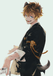 1boy animal_ears bear_ears blonde_hair blue_eyes curly_hair fangs kemonomimi_mode kizu_natsuki looking_at_viewer open_mouth pale_skin ruggie_bucchi sharp_teeth short_hair simple_background teeth tongue twisted_wonderland white_background