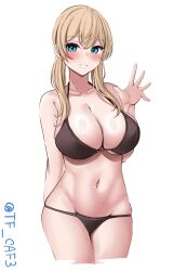 Rule 34 | 1girl, alternate costume, arm behind back, bikini, black bikini, blonde hair, blue eyes, breasts, cleavage, collarbone, cropped legs, hashtag-only commentary, highres, kantai collection, large breasts, long hair, low twintails, navel, one-hour drawing challenge, parted lips, prinz eugen (kancolle), smile, solo, swimsuit, tf cafe, twintails, twitter username, waving, white background