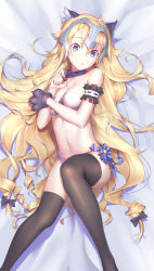 Rule 34 | 1girl, animal ears, animal hands, arm strap, asymmetrical gloves, bed sheet, black bow, black thighhighs, blonde hair, blue eyes, blue neckwear, blue ribbon, bow, bra, breasts, cat ears, cleavage, collarbone, dakimakura (medium), fate/apocrypha, fate (series), from above, gloves, hair between eyes, hair bow, highres, jeanne d&#039;arc (fate), jeanne d&#039;arc (ruler) (fate), long hair, lying, medium breasts, on back, panties, parted lips, paw gloves, pink panties, ribbon, solo, striped bra, striped clothes, thighhighs, underwear, uneven gloves, very long hair, virtu.al, white bra