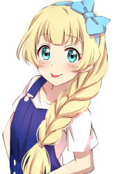 Rule 34 | 1girl, absurdres, aikatsu!, aikatsu! (series), aqua eyes, blonde hair, blue bow, blush, bow, braid, closed mouth, collarbone, hair bow, hair over shoulder, highres, long hair, looking at viewer, overalls, sekina, shiratori hime, shirt, short sleeves, simple background, solo, tongue, tongue out, upper body, white background, white shirt