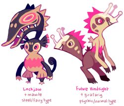 Rule 34 | black eyes, commentary, creature, english text, full body, fusion, gen 2 pokemon, gen 3 pokemon, girafarig, glitchedpuppet, grin, highres, mawile, multiple heads, no humans, pink eyes, pokemon, pokemon (creature), sharp teeth, simple background, smile, standing, teeth, white background