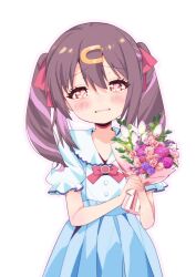 Rule 34 | 1girl, bare arms, blush, bouquet, brown eyes, brown hair, commentary request, dress, flower, hair between eyes, hair ornament, hair ribbon, hairclip, highres, holding, holding bouquet, looking at viewer, mochitsuki kagami, multicolored hair, onii-chan wa oshimai!, outline, oyama mihari, parted lips, pink outline, puffy short sleeves, puffy sleeves, purple hair, red ribbon, ribbon, short sleeves, simple background, solo, tears, twintails, two-tone hair, white background, white dress