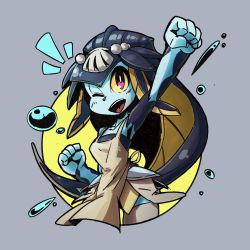 Rule 34 | 1girl, ^^^, apron, blue hair, blue skin, bubble, colored sclera, colored skin, cropped legs, fins, fish girl, grey background, hand up, highres, minette (skullgirls), neko mata g, one eye closed, open mouth, revision, skullgirls, smile, solo, thighhighs, yellow sclera