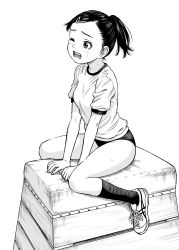 Rule 34 | 1girl, absurdres, buruma, commentary request, from side, full body, greyscale, gym shirt, gym uniform, hair ornament, hairclip, highres, kneehighs, legs, looking afar, monochrome, one eye closed, open mouth, original, ponytail, shirt, shoes, short hair, short sleeves, simple background, sneakers, socks, solo, teeth, upper teeth only, vaulting horse, wadachitokakeru