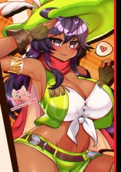 Rule 34 | 1girl, abstract background, ahoge, armlet, armpits, bare shoulders, belt, blush, bra, breasts, brown gloves, cleavage, commentary request, contrapposto, cropped jacket, dark-skinned female, dark skin, dragalia lost, female focus, fingerless gloves, gloves, green hat, green jacket, green shorts, hat, hat feather, heart, highres, huge breasts, jacket, looking at viewer, malora, midriff, navel, open clothes, open jacket, osiimi, parted lips, purple eyes, purple hair, salute, shiny clothes, shiny skin, short shorts, shorts, simple background, sleeveless, sleeveless jacket, smile, solo, spoken heart, underwear, white bra