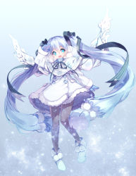 Rule 34 | 1girl, ankle boots, black pantyhose, blue eyes, blue hair, blush, boots, coat, fujishima-sei ichi-gou, fur boots, hair ribbon, hatsune miku, highres, long hair, looking at viewer, matching hair/eyes, md5 mismatch, mittens, open mouth, pantyhose, ribbon, scarf, smile, solo, twintails, very long hair, vocaloid