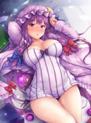 Rule 34 | 1girl, :o, blue bow, blunt bangs, blush, book, bow, breasts, cowboy shot, crescent, crescent pin, dress, gem, hair bow, hat, highres, large breasts, long sleeves, looking at viewer, lying, mob cap, on back, panties, patchouli knowledge, purple dress, purple eyes, purple hair, purple hat, purple panties, red bow, short dress, solo, striped clothes, striped dress, touhou, underwear, yuki usagi (snowcanvas)