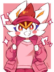 Rule 34 | 1other, animal hands, animal nose, artist name, blush, blush stickers, body fur, border, bright pupils, cinderace, clothed pokemon, creatures (company), furry, game freak, gen 8 pokemon, grin, hands up, happy, headband, highres, hood, hood down, hooded jacket, jacket, japanese text, long sleeves, looking at viewer, matching hair/eyes, minamo (pixiv17726065), nintendo, open clothes, open jacket, other focus, outside border, pants, pink background, pink jacket, pink pants, pink shirt, pink theme, pocket, pokemon, pokemon (creature), rabbit ears, red eyes, red hair, red headband, shirt, short hair, sideways mouth, signature, simple background, smile, solo, sparkle, standing, teeth, translation request, upper body, white border, white fur, white pupils, wide-eyed