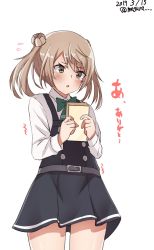 Rule 34 | 1girl, bow, box, brown eyes, commentary request, cowboy shot, dated, double bun, dress, green bow, hair bun, highres, kantai collection, light brown hair, meguru (megurunn), michishio (kancolle), michishio kai ni (kancolle), one-hour drawing challenge, open mouth, pinafore dress, short sleeves, short twintails, simple background, sleeveless, sleeveless dress, solo, standing, twintails, twitter username, white background