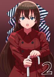 Rule 34 | 1girl, audrey (love live!), blue eyes, bow, brown hair, dress, gradient background, hair between eyes, hair bow, highres, long hair, long sleeves, looking at viewer, love live!, love live! nijigasaki high school idol club, numbered, open mouth, osaka shizuku, red dress, sidelocks, solo, standing, striped bow, taiyakippassion, upper body, v-shaped eyebrows